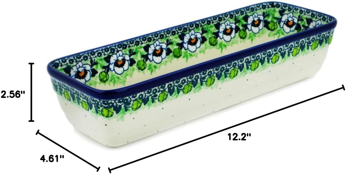 Polmedia Polish Pottery Rectangular Baker - Green Flora Pattern Handmade in Boleslawiec Poland by Ceramika Artystyczna + Certificate of Authenticity