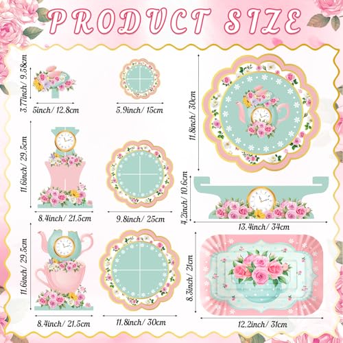 Zopeal 5 Pcs Floral Tea Cupcake Stand Party Decorations 3 Tier Tea Theme Cupcake Holder 2 Tea Birthday Cake Holder 2 Flower Teapot Cake Serving Tray for Tea Party Birthday Baby Shower Wedding Supplies