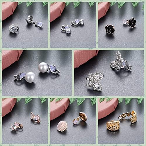CASSIECA 8 Pairs Clip on Earrings for Women Silver Faux Pearl Cubic Zirconia Butterfly Clip Earrings Non Piercing Semi Hoop Gold Clip on Earrings Non Pierced Clip Earrings Set