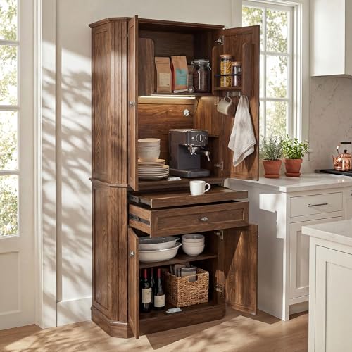 Image of 72.2 inch Tall Kitchen Pantry Cabinet with Doors, Farmhouse Storage Cabinet with Charging Station & LED Light, Drawer, Adjustable Shelves and Pull-Out Shelves, Walnut Wood Pantry Cupboard for Dining Room