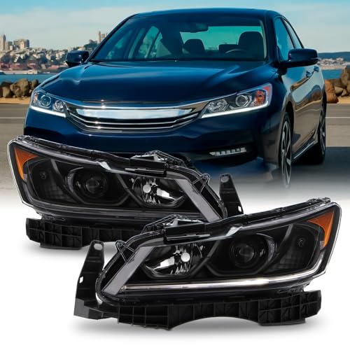AKKON - Fits 2016-2017 Honda Accord EX EX-L SE Sport [Halogen Type] Projector Black Headlights Pair w/LED DRL Tube Lamp