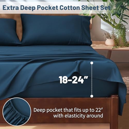 Image of Extra Deep Pocket Queen Sheets 18-24 Inch 100% Egyptian Cotton 1000 Thread Count Sateen Weave Soft Breathable 4 Pieces(Queen,Navy)