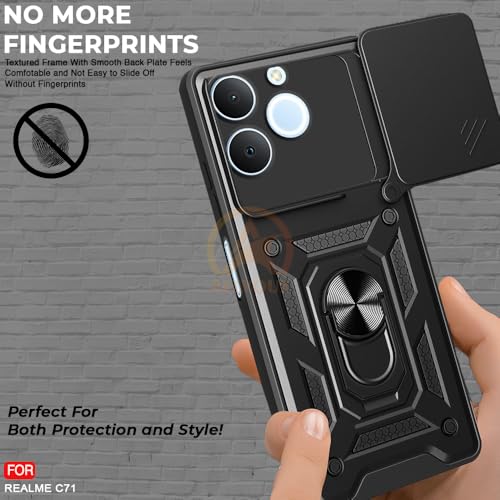 Image of Armor Bumper Back Cover Case for Realme C71 Rotating Camera Cover, Ring Holder & Kickstand | Heavy Duty & 360 Degree Protection Realme C71 Back Cover (Black)