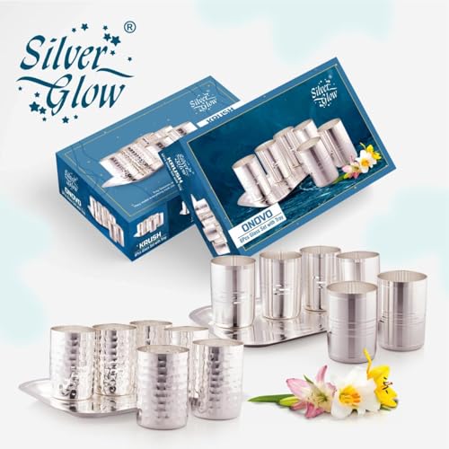 Image of Silverglow Krush Tray Glass Set | Silver Plated Glass Set of 6 with Tray | Juice, Water, Beverages Serving Set | Tableware Set | Perfect Diwali, Office, Wedding Return Gift Item