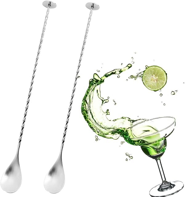 HJUWANG 2 Pack Bar Long Handle Spoons Stainless Steel Bartender Mixing Spoon Cocktail Shaker Spoon with Spiral Pattern