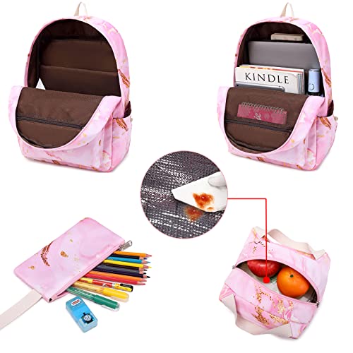 Sunborls Backpack for Teen Girls Lightweight High-Capacity Student Bookbag Women Backpack With Lunch Bag Pencil Bags Student Bookbags 3pcs（Marble pink）3