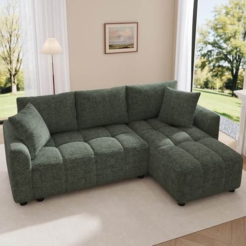 Hmluxury Sofá esquinero en forma de L, convertible de 3 plazas, tela chenilla, con 2 cojines decorativos, 204 x 127 x 82,5 cm, verde, para salón