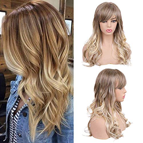 BLONDE UNICORN Long Curly Human Hair Wig with Bangs Ombre Brown to Blonde Wig Mixed Human Hair for Women 24inch