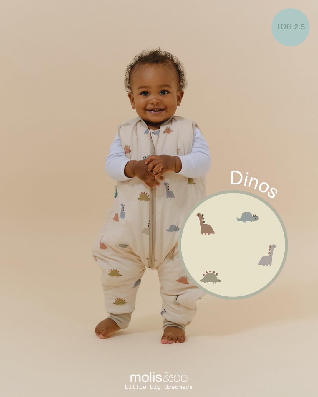 molis&co - Sacco Nanna con Piedini - Sacco Nanna Invernale per Bambini - Sacchi Nanna 2.5 tog con Piedini - 100% Cotone (Oeko-Tex 100) - Dinos (1 Anno)