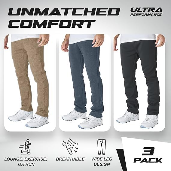 Ultra Performance 3 Pack Mens Fleece Wide Leg Sweatpants with Pockets, Open Bottom Workout Sweatpants for Men - Image 5