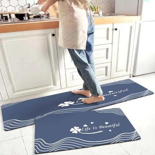 Image of Kitchen Anti Slip Mat for Floor, Waterproof Washable Kitchen Mats, Non Slip Kitchen Floor Mats for Home, Soft Mats for Kitchen, Kitchen Mats for Floor Anti Slip (Blue- Life is Beautiful)