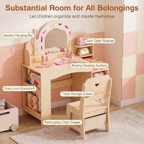 Image of HONEY JOY Kids Vanity, Wooden Girls Vanity Set with Lighted Mirror & Open Bookshelf, Ring Slot & Jewelry Storage, Toddler Makeup Vanity Desk Dressing Table, Kids Vanity Table and Chair Set (Natural)