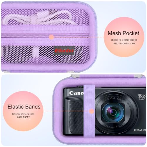 Image of Elonbo Carrying Case for Canon Powershot SX740 HS / SX730 HS /SX720 HS Camera | Canon SX740 Camera Case, Hard Bag, with Mesh Pocket Wrist Strap Double Zipper, for Vlogging Travel Protective Storage, Purple