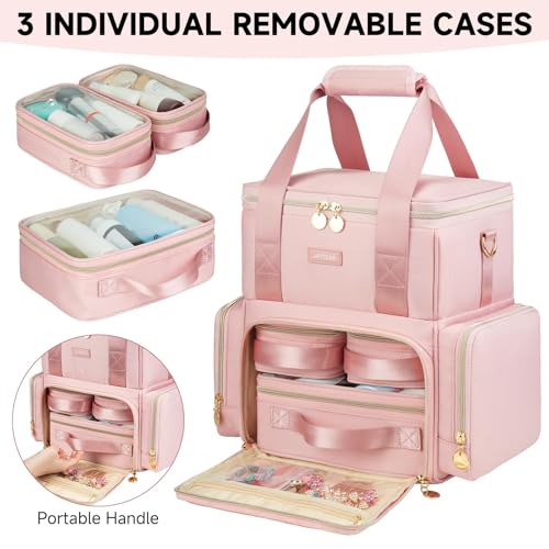 Extra Large Makeup Bag with 3 Removable Cases, Double Layers Travel Cosmetic Storage Organizer Bag with Detachable Dividers, Pink by Jaffzora - Image 2