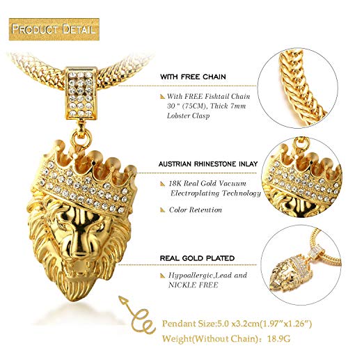 Halukakah 18k Real Gold Plated/Platinum White Gold Finish Chain for Men Necklace Iced Out Crown Lion Pendant Lab Diamonds Prong Set with Sharktail/Tennis/Cuban Chain,with Giftbox2
