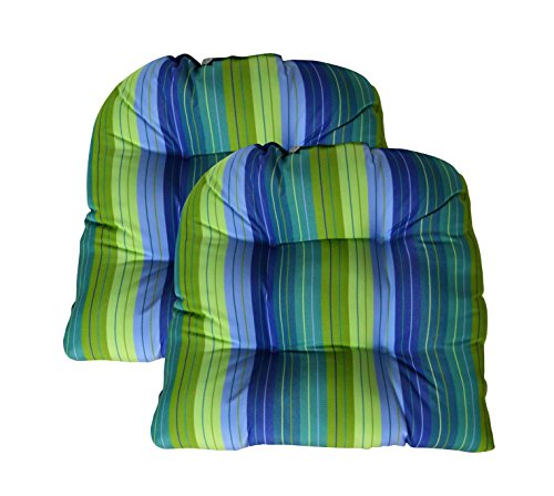 RSH DECOR Sunbrella® Seville Seaside Large 2 Piece Wicker Chair Cushion Set - Indoor/Outdoor 2 Matching Wicker Chair Cushions - Periwinkle Blue, Turquoise, & Olive/Lime Green Stripes