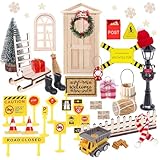 Wichteltür Set 50 Stück Wichtel Zubehör Weihnachten, Wichtel Baustelle Set Weihnachtswichtel Set Miniatur Wichtel Zubehör mit Miniatur Briefkästen Zäun Weihnachtsbaum Geschenk für Advent Weihnachten
