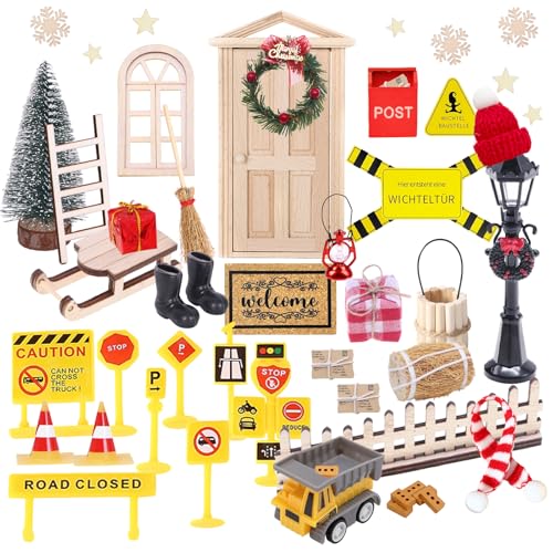 Wichteltür Set 50 Stück Wichtel Zubehör Weihnachten Wichtel Baustelle Set Weihnachtswichtel Set Miniatur Wichtel Zubehör mit Miniatur Briefkästen Zäun Weihnachtsbaum Geschenk für Advent Weihnachten
