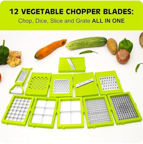 Image of Vegetable Chopper with Container, Manual Food Chopper with Stainless Steel Blades, Multipurpose Vegetable Cutter & Slicer, ABS Plastic (12 in 1 Chopper)