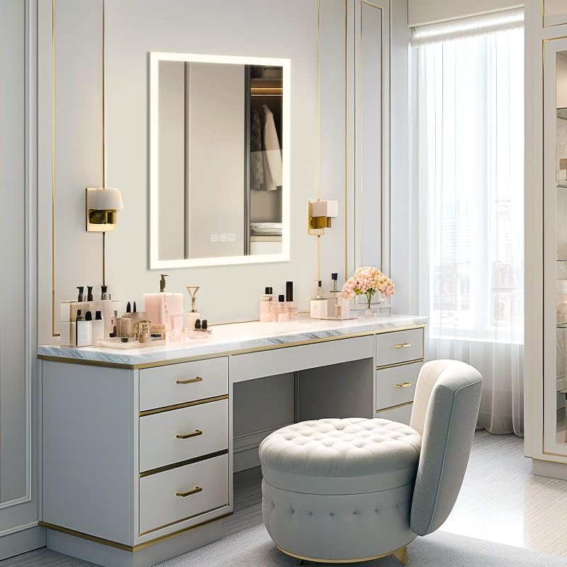 48 36 Inches Led Bathroom Mirror with Front Light, Dimmable 3 Color Lighted Vanity Mirror for Wall, Rapid Defogging Silver Mirror, Full Hd Reflection Shatterproof Glass for Bathroom Bedroom
