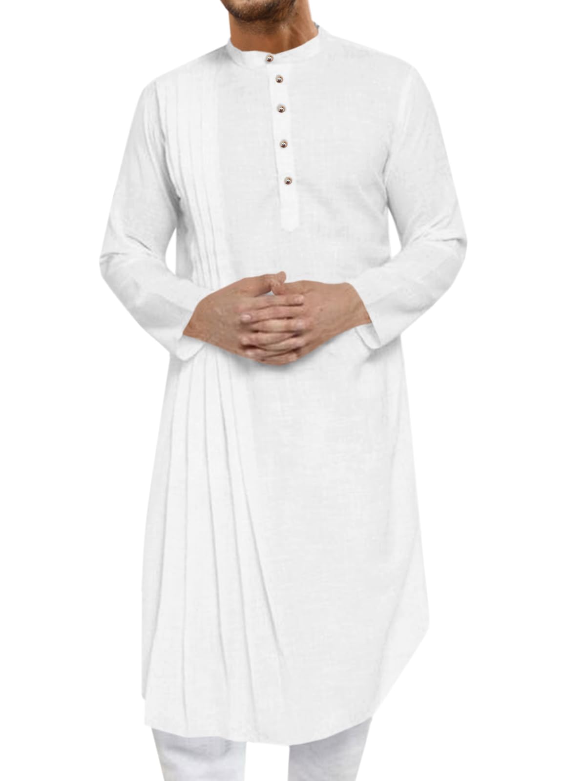 Mens Kaftan Thobe Cotton Linen Henley Shirt Long Sleeve Robe Casual Muslim Gown Kurta