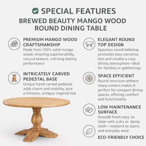 Image of 4-Seater Round Dining Table - Solid Mango Wood - Rustic Natural Finish - Pedestal Base - Farmhouse Kitchen Furniture- Table Only
