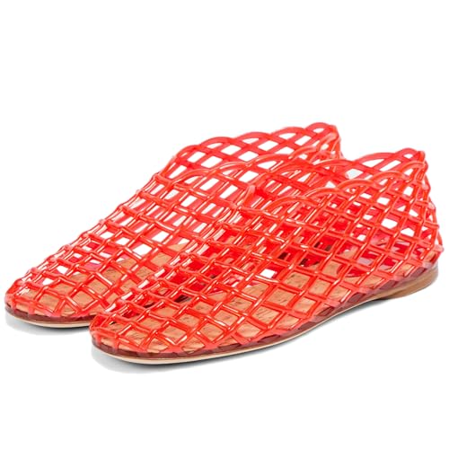 Tscoyuki Jelly Mesh Ballet Flats for Women Clear Fishnet Ballerina Flats Slip On Mary Jane Flats Hollow Causal Daily Flat Shoes