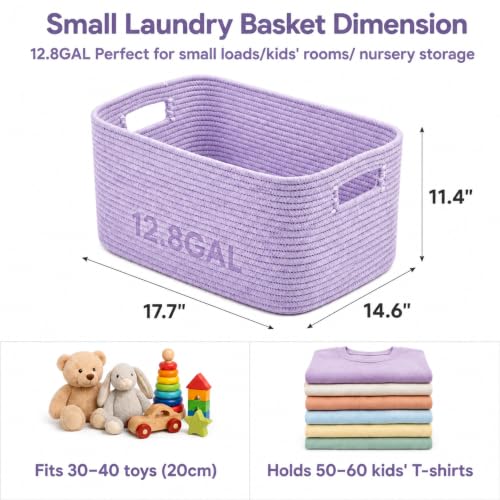 Image of 12.8GAL Kids Stuffed Animal Toy Storage Organizer, Cute Mini Nursery Laundry Basket for Baby Girls Boys Dirty Clothes, Picture Books, Small Cotton Rope Wicker Hamper for Bathroom Towels Lavender