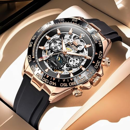 Image of OLEVS Self Winding Watches for Men Automatic Mechanical Skeleton Luxury Dress Waterproof Moon Phase Tourbillon Chronograph Stainless Steel Luminous Wristwatch