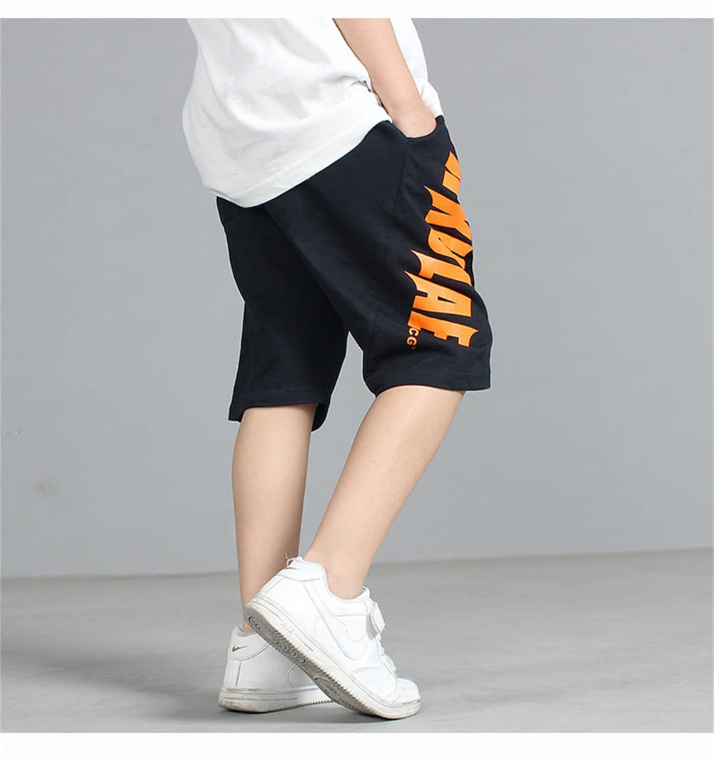 JXGSGOGO Boys Cotton Sport Shorts Drawstring Soft Jersey Athletic Shorts Unisex Height 140-150cm Letters Black