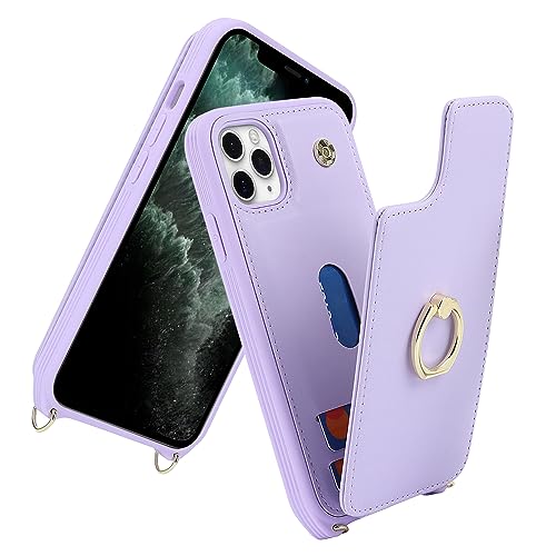 Image of for iPhone 11 Pro Phone Case with Card Holder and Strap for Women,Crossbody Lanyard,Kickstand Ring Stand,Snap Clasp,Phone Wallet Cases 5.8 inch(Purple)