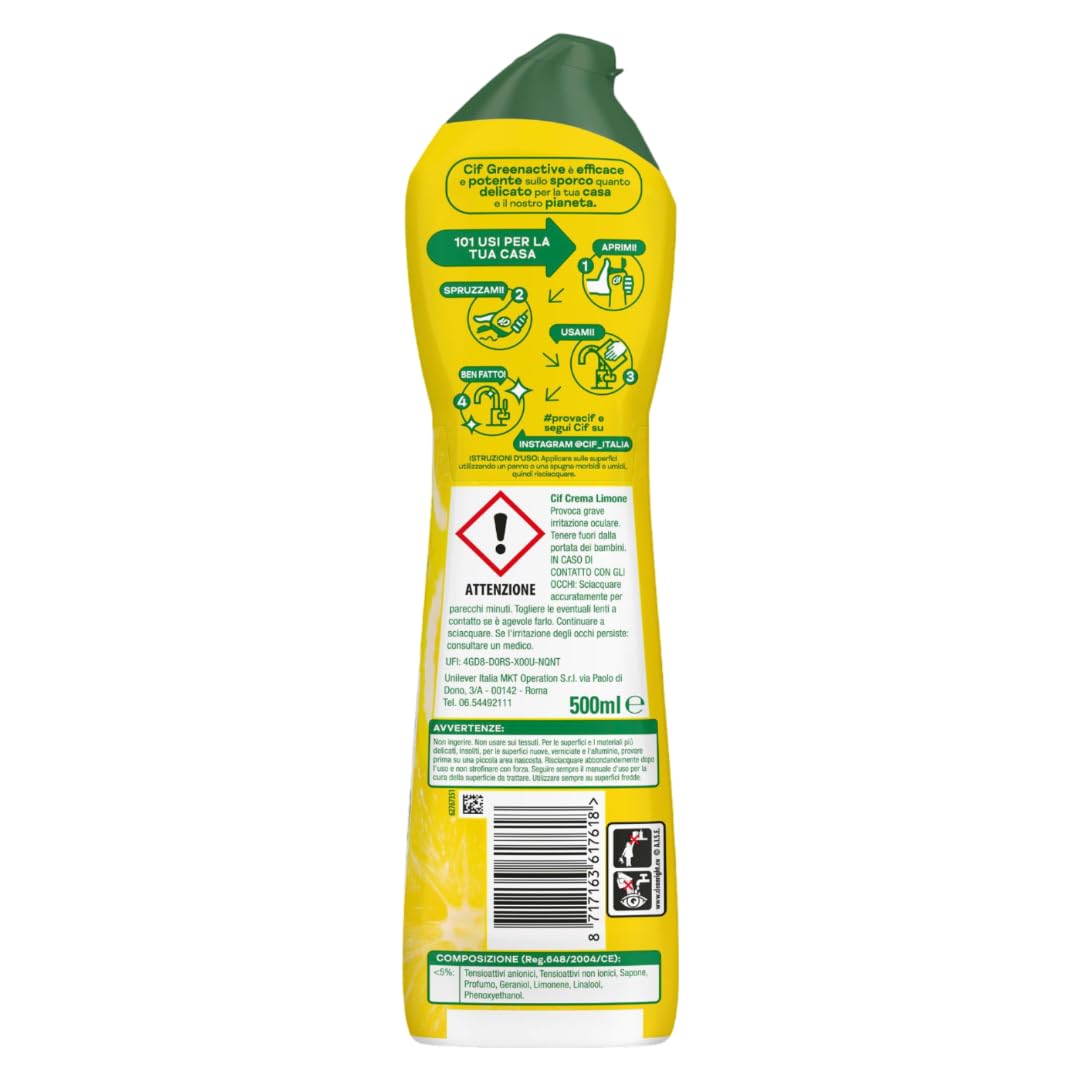 Cif Crème, nettoyant pour surfaces dures, format 16 pièces de 500 ml, idéal sur graisse entartrée, résidus de nourriture brûlée et taches de calcaire, avec particules nettoyantes 100% naturelles,