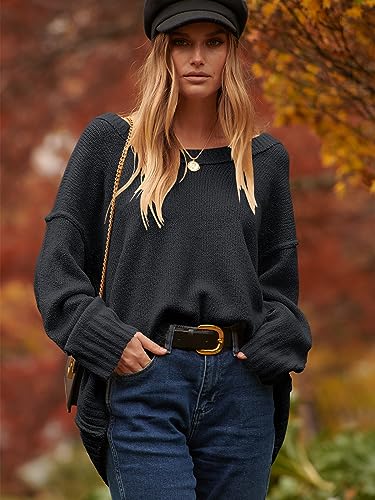 Anrabess Women'S Oversized Casual Loose Slouchy Scoop V Neck Batwing Long Sleeve Knit 2024 Fall Pullover Sweaters Black Small thumb #6