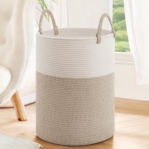 Image of INDRESSME Large Laundry Hamper, Baby Laundry Hamper for Toys, Tall Woven Laundry Basket for Clothes, Blanket Storage Basket for Living Room, 19.7 x 13.8 inches, Light & Brown
