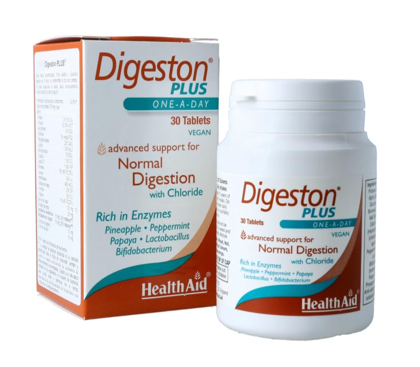 Digeston Plus Health Aid 30 comprimidos | Enzimas digestivas veganas con probióticos, piña, papaya y cloruro | Apoyo digestivo con enzimas, bacterias beneficiosas y confort intestinal