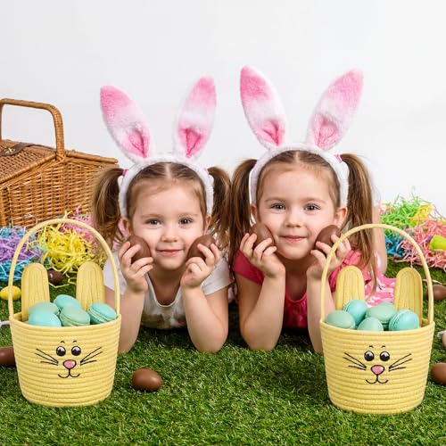Image of Teenyyou Woven Easter Baskets Woven Bunny Baskets with Handles Eggs Hunt Bucket Rabbit Cotton Rope Basket Baby's First Easter Basket Gift for Toddler Boys Girls(Macaron Yellow)