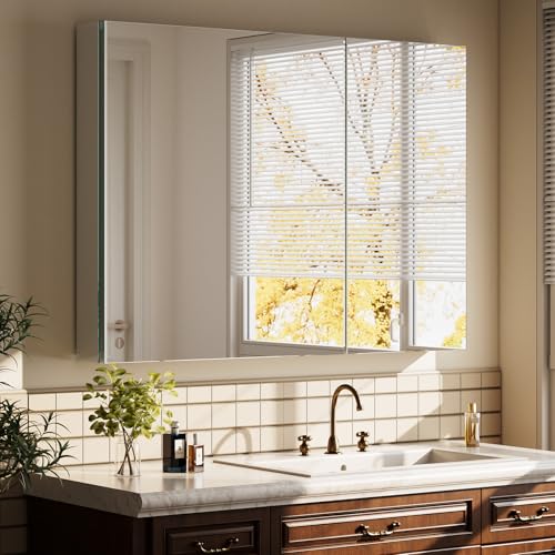 VETROVUE Bathroom Medicine Cabinet Mirror with Storage, 36 Inch x 26 Inch Silver Medicine Cabinet...