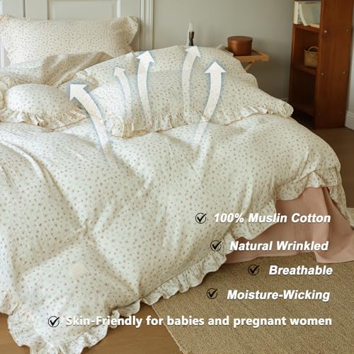 Image of VM VOUGEMARKET Cream Duvet Cover Queen with Tiny Flower Pattern Soft Muslin Cotton Bedding Set with Ruffles,Soft,Breathable Linen Like Gauze Comforter Cover with Zipper Closure 90 inchx90 inch