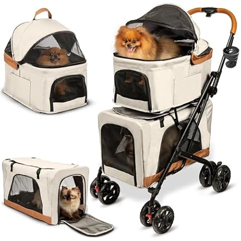 Double Pet Stroller with Detachable Carriers - Ideal for 2 Dogs or Cats - Compact & Convenient Design - Easy Assembly Double Dog Stroller - Cosmic Beige Cover