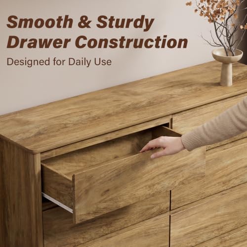 Image of Furniway 3 Piece Bedroom Set, 8 Drawer Dresser and Nightstands, Natural Oak