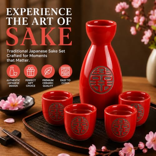 Image of Japanese Ceramic Sake Set - 5 Piece Crimson Red Design Porcelain Sake Set with 1 Sake Bottle (Tokkuri) & 4 Sake Cups | Japanese Wine Set for Drinks, Shochu & Home Bar | House Warming | Gift Set