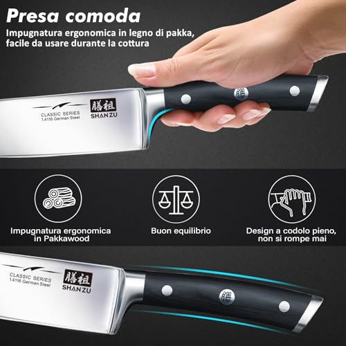 SHAN ZU Set di Coltelli da Cucina,Giapponesi Set di Coltelli 3 Pezzi Tedesco Acciaio Inox Ultra Affilati Compreso Coltello da Cucina 20 cm Coltelli Universali 15 cm Coltelli per Frutta 9,5 cm - immagine 5