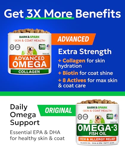 Image of BARK&SPARK Advanced Omega-3 Collagen for Dogs - 180 Fish & Salmon Oil Treats for Dog Shedding, Skin Allergy Chews, Itch Relief, Hot Spots Treatment - Joints, Skin&Coat Supplement, EPA&DHA Fatty Acids