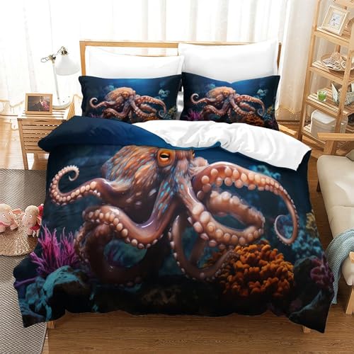Housse de couette pieuvre 200x200cm avec 2 taies d'oreiller lit double