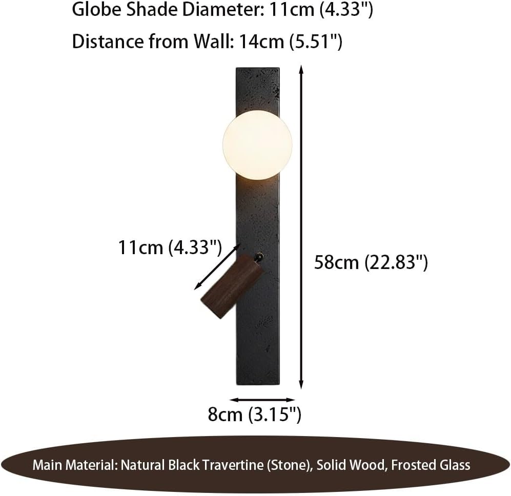 Reading Wall Sconce, Black Travertine Wall Light, Walnut Spotlight Wall Lamp with Dual Light Source for Living Room, Bedroom, Bedside, Hallway, Mid Century Fixture, Entryway Loft Parlor