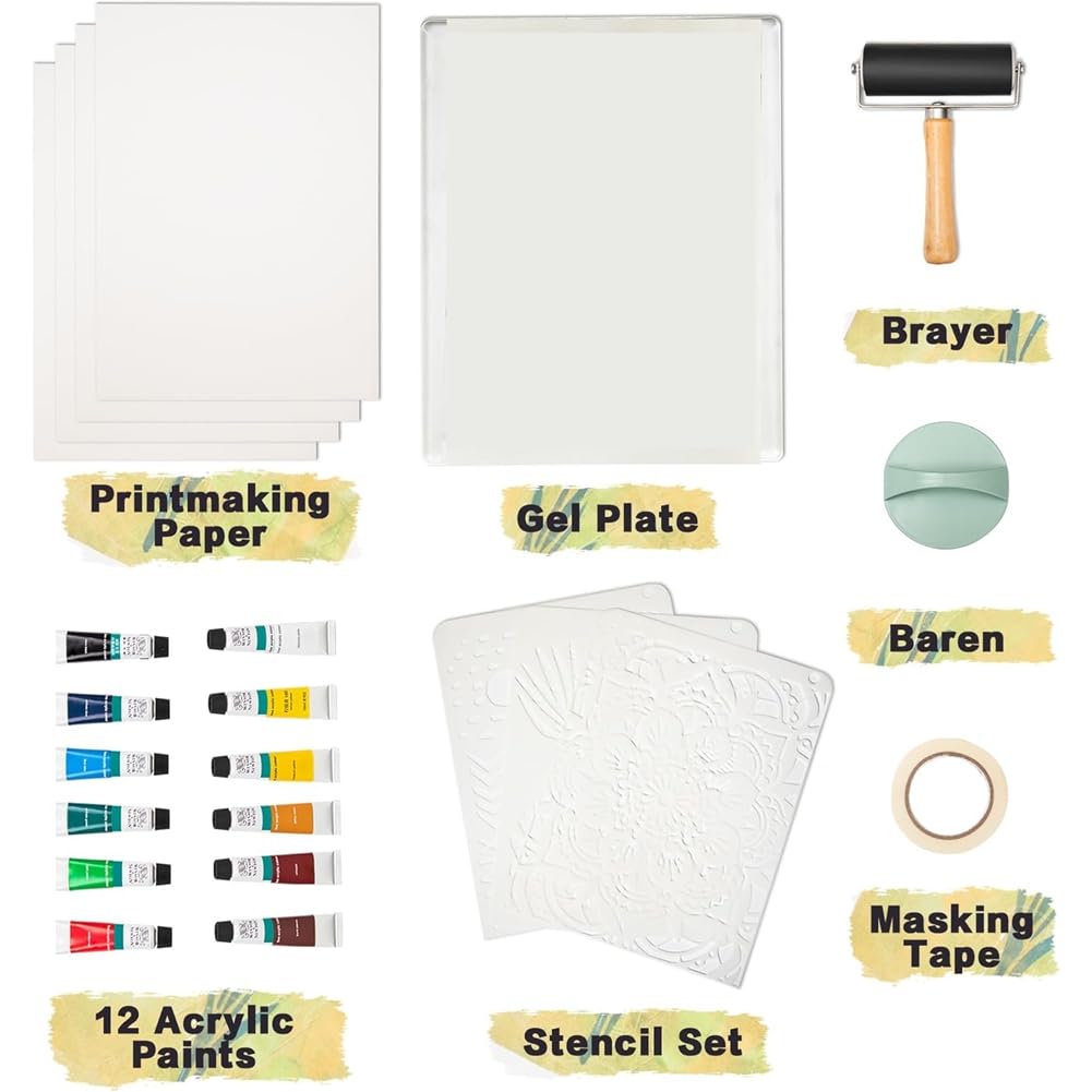 Kit de placa de impresión de gel que incluye 8 "X 10", placa de gelatina, papel de impresión, pintura acrílica para arte, monoprinting, fabricación de tarjetas