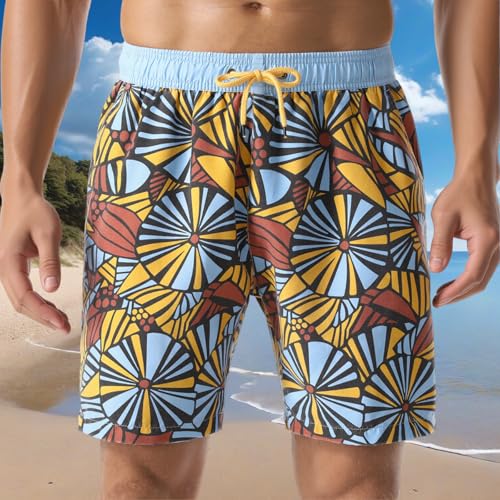 Men's Swim Trunk Fan Print Relaxed Fit Soft Washed Drawstring Board Shorts