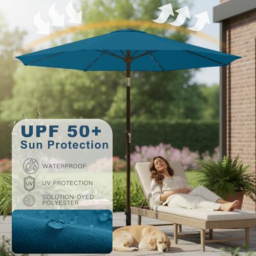 Image of 9' Solar LED Patio Umbrella with Tilt & Crank|8 Sturdy Ribs,UV Protection,Outdoor Market Table Umbrella for Deck,Lawn,Pool,Backyard(Lake Blue)