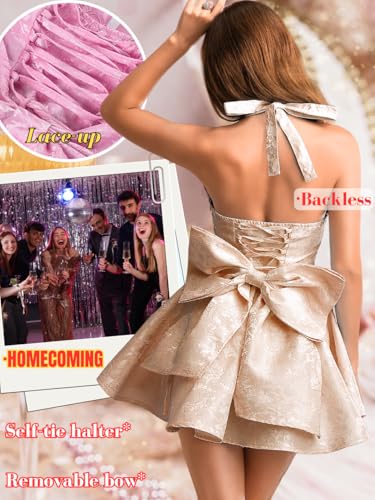 Image of ShawGobow Jacquard Corset Dress,Deep V Halter Mini Dresses with Bow Back,Sexy Birthday Outfits Women Homecoming Prom Formal