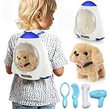 Electronic Interactive Plush Puppy - Battery Operated Mechanical Walking Little Pet Dog with a Cute Bag, Barking, Tail Wagging, Stretching Companion Animal for Toddlers & Kids (Yellow)